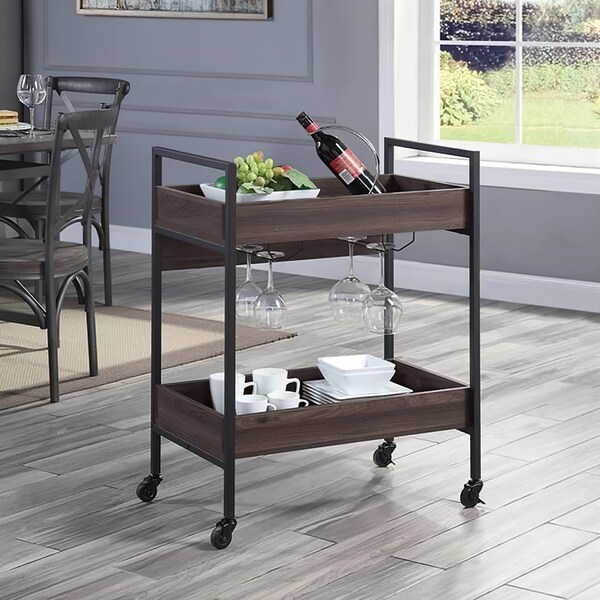 Acme Wooden Serving Cart with 2 Shelves in Walnut and Black - ER-0167WL