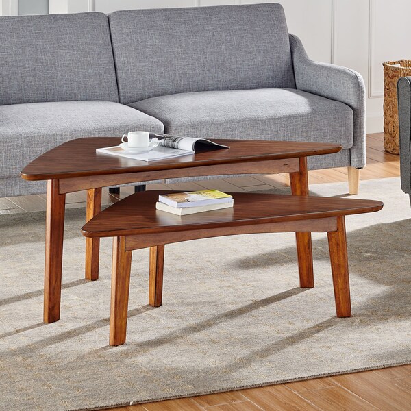 Alaterre Furniture Monterey 40"L Triangular Set of Two Mid-Century Modern Nesting Tables, Warm Chestnut - ANMT1170N