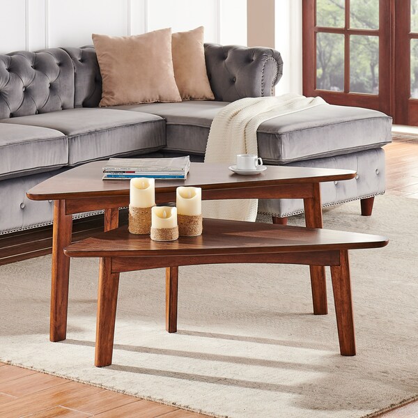 Alaterre Furniture Monterey 40"L Triangular Set of Two Mid-Century Modern Nesting Tables, Warm Chestnut - ANMT1170N