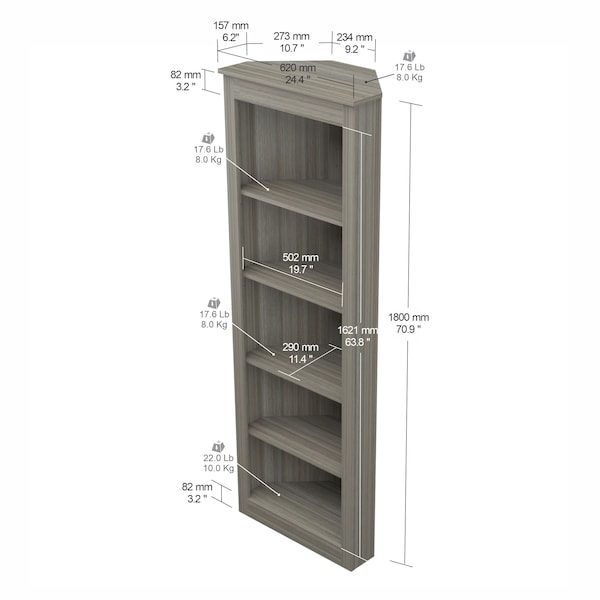 Inval Corner Bookshelf Wall Unit 70.9 in. H 5-shelf in Smoke Oak - BE-12804