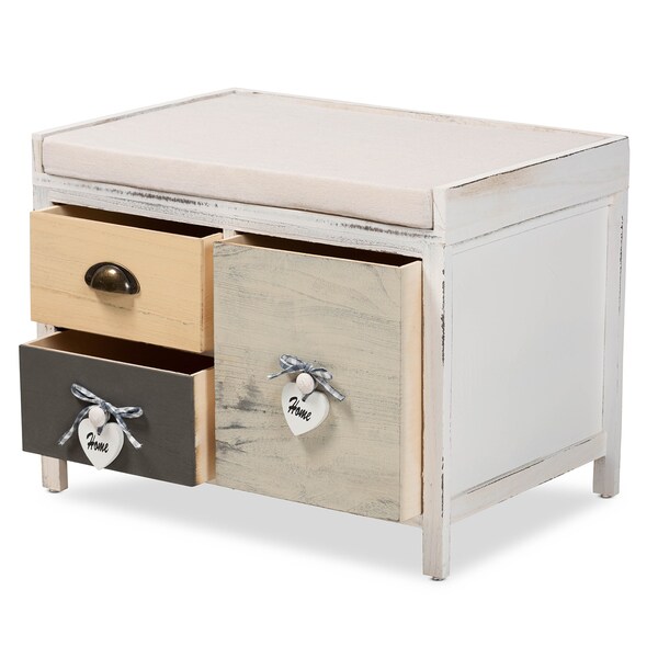 Baxton Studio Jacoby Modern Transitional Beige Fabric Upholstered and Multi-Colored Wood 3-Drawer Storage Bench - 201-12297