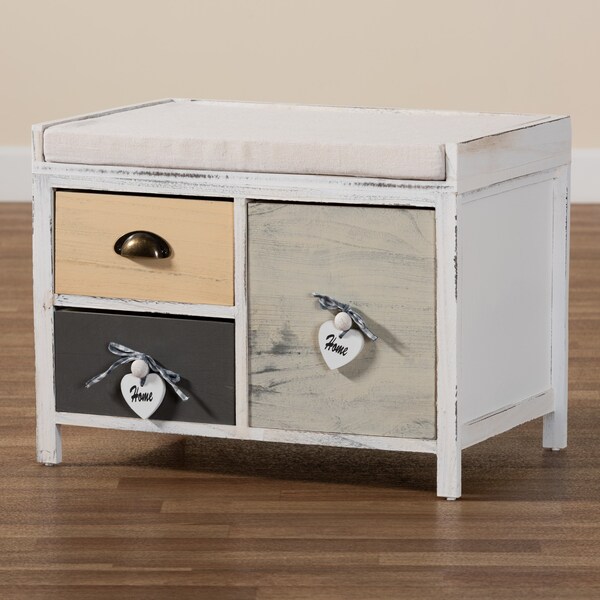 Baxton Studio Jacoby Modern Transitional Beige Fabric Upholstered and Multi-Colored Wood 3-Drawer Storage Bench - 201-12297