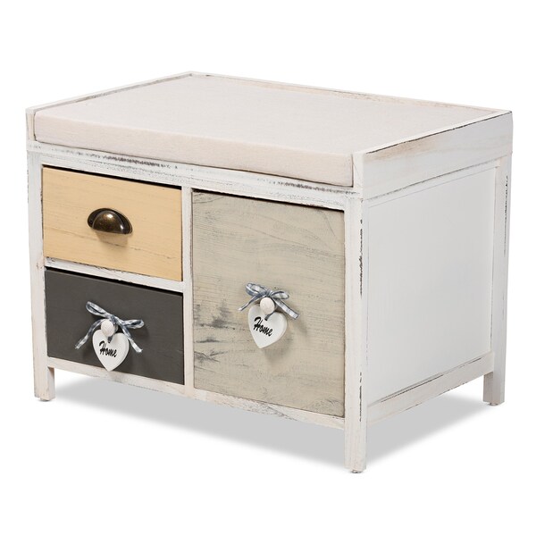 Baxton Studio Jacoby Modern Transitional Beige Fabric Upholstered and Multi-Colored Wood 3-Drawer Storage Bench - 201-12297