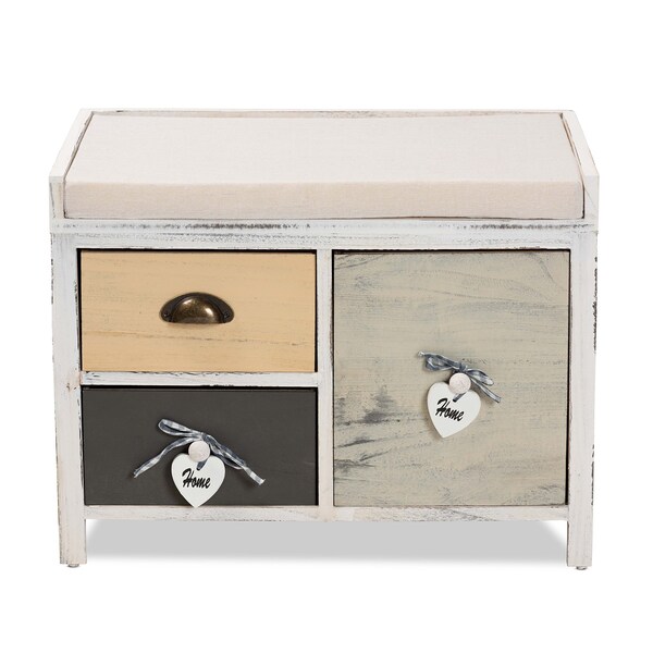 Baxton Studio Jacoby Modern Transitional Beige Fabric Upholstered and Multi-Colored Wood 3-Drawer Storage Bench - 201-12297