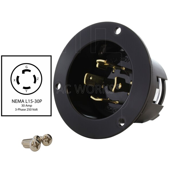 Ac Works 30A 3-Phase 250V L15-30P Power Input Inlet UL and C-UL listed - ASINL1530P