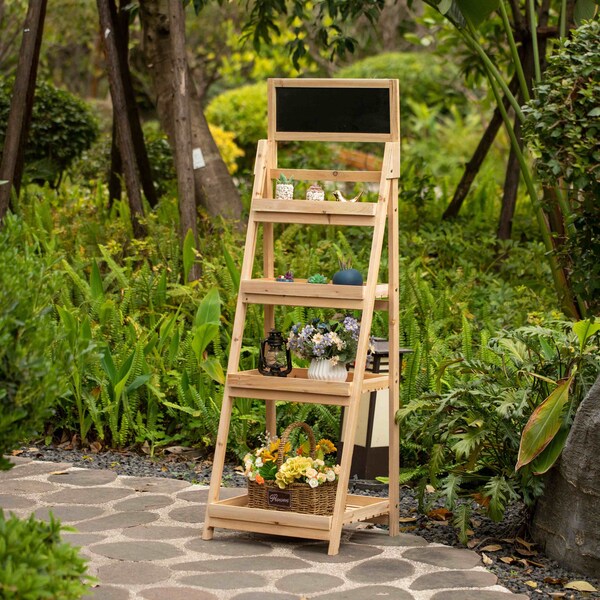 Vintiquewise Decorative Wooden 4-Tier Chalkboard Ladder Shelf, Slim Narrow Ladder Shelves Bookcase, Natural - QI004598