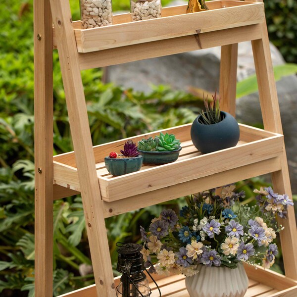 Vintiquewise Decorative Wooden 4-Tier Chalkboard Ladder Shelf, Slim Narrow Ladder Shelves Bookcase, Natural - QI004598
