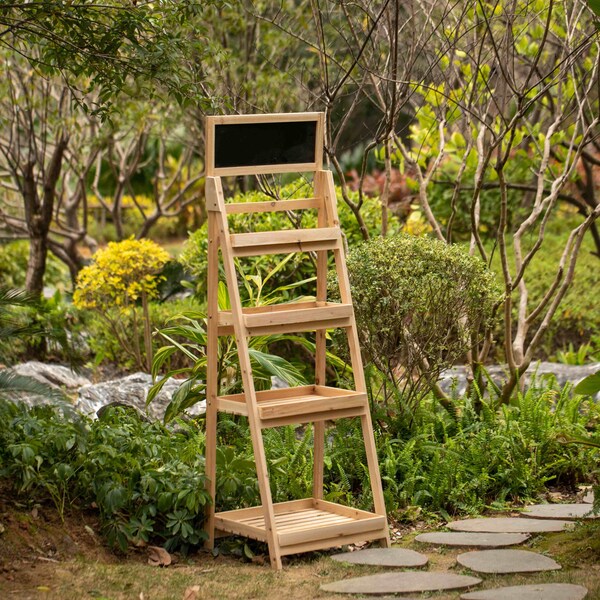 Vintiquewise Decorative Wooden 4-Tier Chalkboard Ladder Shelf, Slim Narrow Ladder Shelves Bookcase, Natural - QI004598