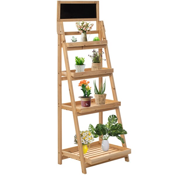 Vintiquewise Decorative Wooden 4-Tier Chalkboard Ladder Shelf, Slim Narrow Ladder Shelves Bookcase, Natural - QI004598