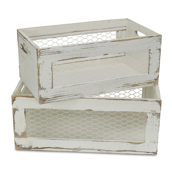 Cheungs Wood Crate with Chicken Wire Sides - Set of 2 - FP-3889-2W