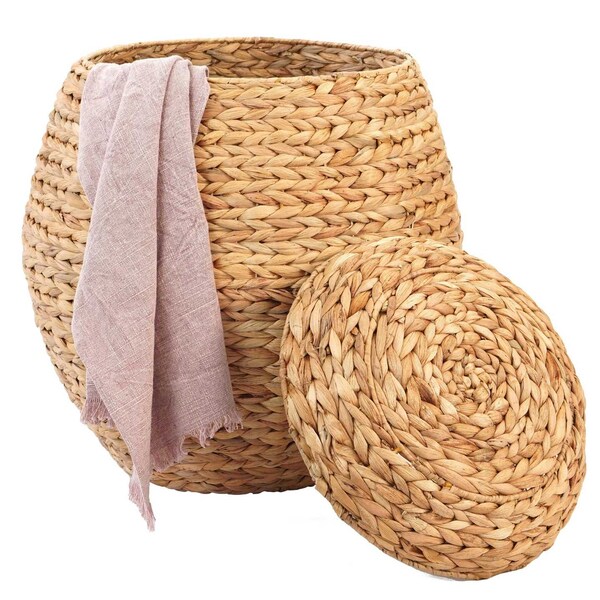 Vintiquewise Water Hyacinth Natural Multipurpose Barrel Storage Tub w/Lid, Basket for Organizing, Ottoman Stool - QI004214