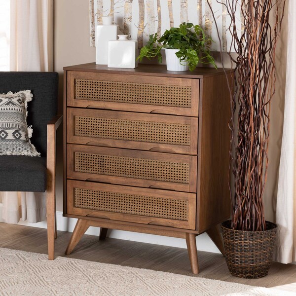 Baxton Studio Barrett Mid-Century Walnut Brown Finished Wood and Synthetic Rattan 4-Drawer Chest - 192-11299-ZORO