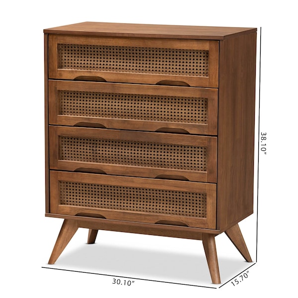 Baxton Studio Barrett Mid-Century Walnut Brown Finished Wood and Synthetic Rattan 4-Drawer Chest - 192-11299-ZORO