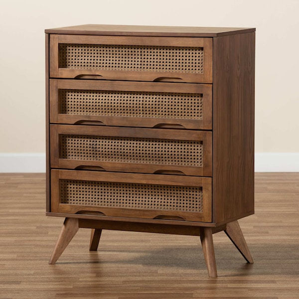 Baxton Studio Barrett Mid-Century Walnut Brown Finished Wood and Synthetic Rattan 4-Drawer Chest - 192-11299-ZORO