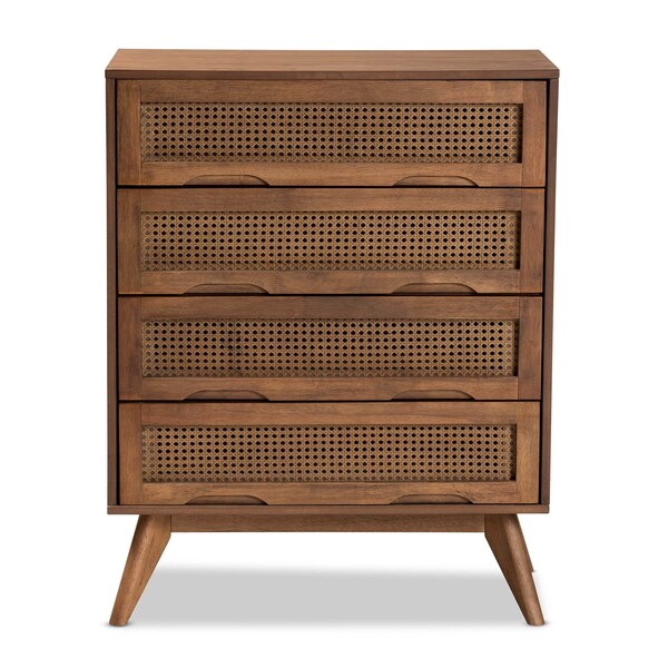 Baxton Studio Barrett Mid-Century Walnut Brown Finished Wood and Synthetic Rattan 4-Drawer Chest - 192-11299-ZORO