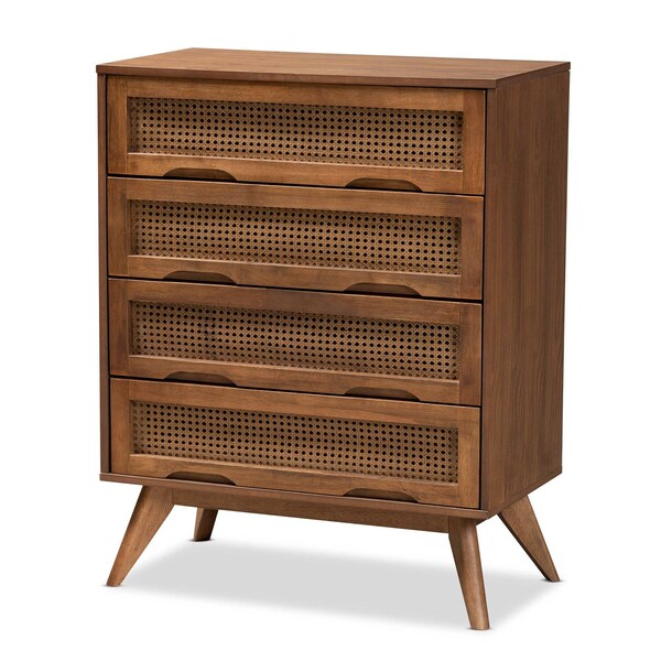 Baxton Studio Barrett Mid-Century Walnut Brown Finished Wood and Synthetic Rattan 4-Drawer Chest - 192-11299-ZORO