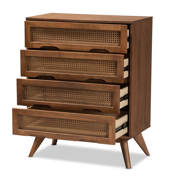 Baxton Studio Barrett Mid-Century Walnut Brown Finished Wood and Synthetic Rattan 4-Drawer Chest - 192-11299-ZORO