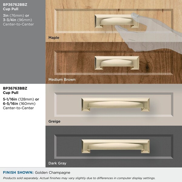 Amerock Appoint 3 in & 3-3/4 in 76mm & 96 mm Center-to-Center Golden Champagne Cabinet Cup Pull - BP36762BBZ