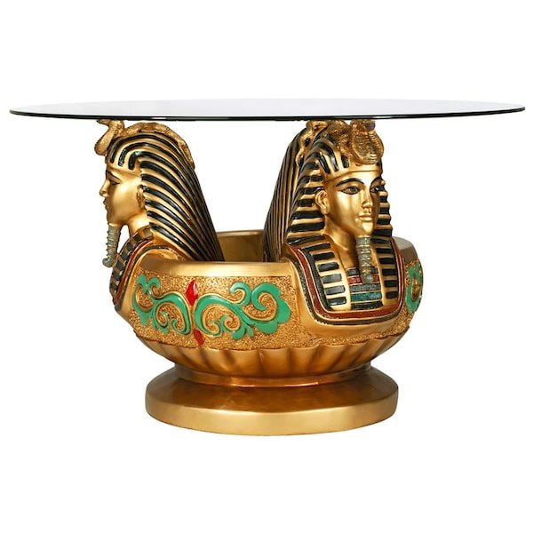 Design Toscano Three Heads of Tutankhamen Sculptural Glass-Topped Table - KY414