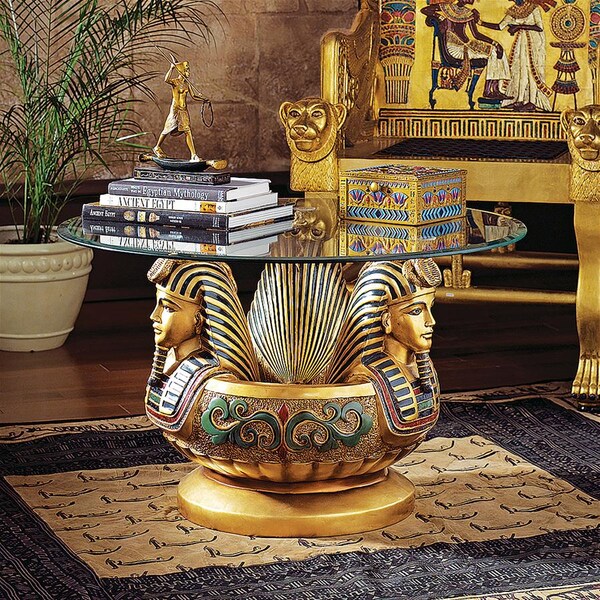 Design Toscano Three Heads of Tutankhamen Sculptural Glass-Topped Table - KY414