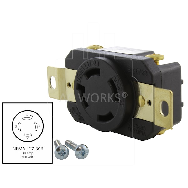 Ac Works 30A, 600V, NEMA L17-30R Flush Mount Locking Industrial Grade Receptacle - FML1730R