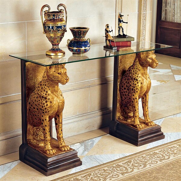 Design Toscano Royal Egyptian Cheetahs Sculptural Glass-Topped Console - KY559534