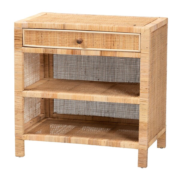 Baxton Studio Bella Modern Bohemian Natural Brown Mahogany Wood and Natural Rattan 1-Drawer Console Table - 226-13096-ZORO