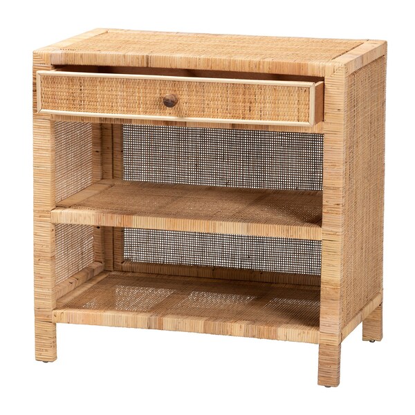 Baxton Studio Bella Modern Bohemian Natural Brown Mahogany Wood and Natural Rattan 1-Drawer Console Table - 226-13096-ZORO