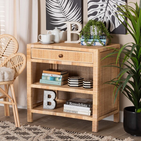 Baxton Studio Bella Modern Bohemian Natural Brown Mahogany Wood and Natural Rattan 1-Drawer Console Table - 226-13096-ZORO