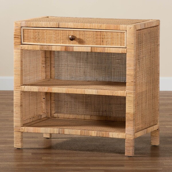 Baxton Studio Bella Modern Bohemian Natural Brown Mahogany Wood and Natural Rattan 1-Drawer Console Table - 226-13096-ZORO