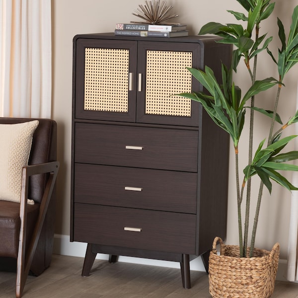 Baxton Studio Giancarlo Mid-Century Modern Espresso Brown Wood 3-Drawer Storage Chest with Rattan door - 242-13626-ZORO