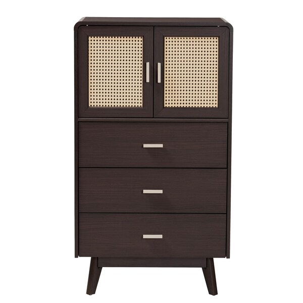 Baxton Studio Giancarlo Mid-Century Modern Espresso Brown Wood 3-Drawer Storage Chest with Rattan door - 242-13626-ZORO