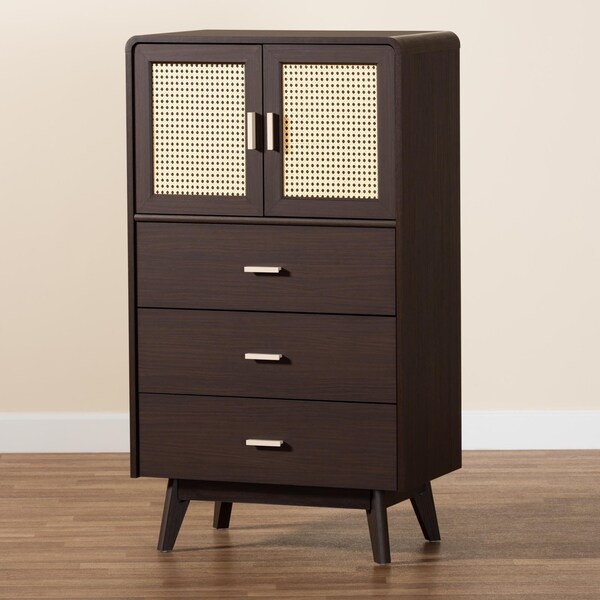 Baxton Studio Giancarlo Mid-Century Modern Espresso Brown Wood 3-Drawer Storage Chest with Rattan door - 242-13626-ZORO
