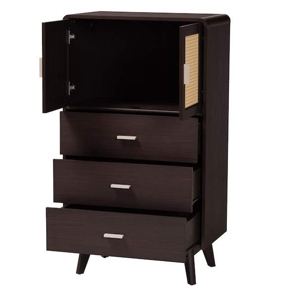 Baxton Studio Giancarlo Mid-Century Modern Espresso Brown Wood 3-Drawer Storage Chest with Rattan door - 242-13626-ZORO
