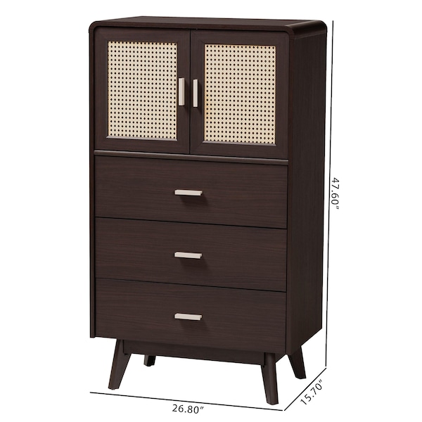 Baxton Studio Giancarlo Mid-Century Modern Espresso Brown Wood 3-Drawer Storage Chest with Rattan door - 242-13626-ZORO