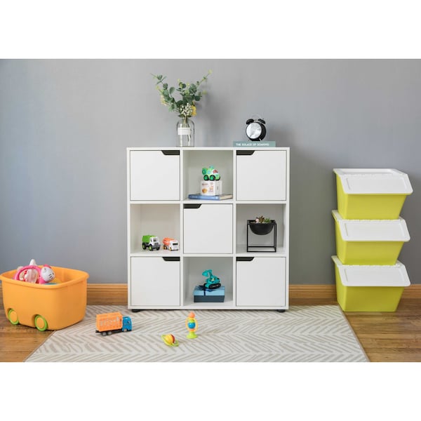 Basicwise 9 Cube Wooden Organizer with 5 Enclosed Doors and 4 Shelves, White - QI003677W