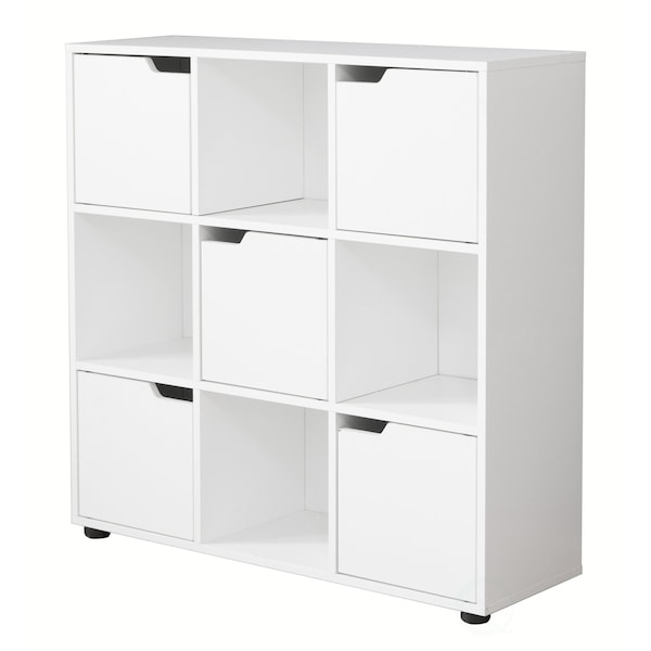 Basicwise 9 Cube Wooden Organizer with 5 Enclosed Doors and 4 Shelves, White - QI003677W