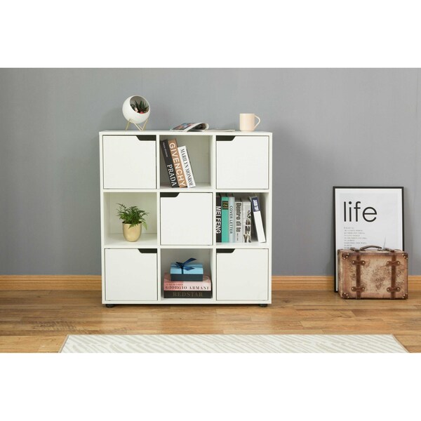 Basicwise 9 Cube Wooden Organizer with 5 Enclosed Doors and 4 Shelves, White - QI003677W