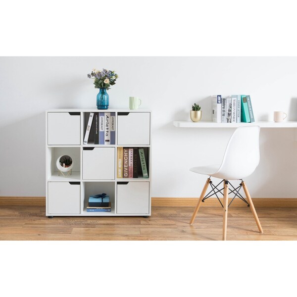 Basicwise 9 Cube Wooden Organizer with 5 Enclosed Doors and 4 Shelves, White - QI003677W
