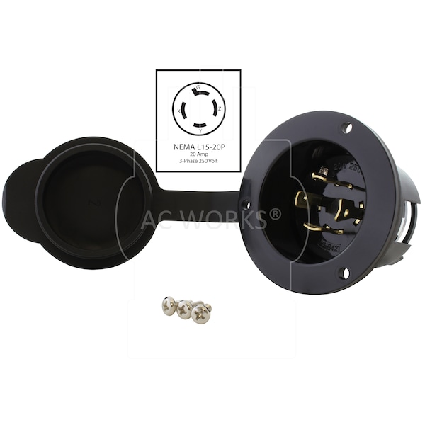 Ac Works 20A 3-Phase 250V L15-20P Power Input Inlet UL and C-UL listed with Cover - ASINL1520P-FC
