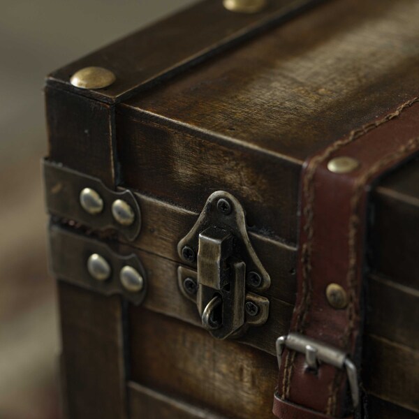 Vintiquewise Wooden Brown Storage Trunk with Faux Leather Straps and Handles, Small - QI004334.S
