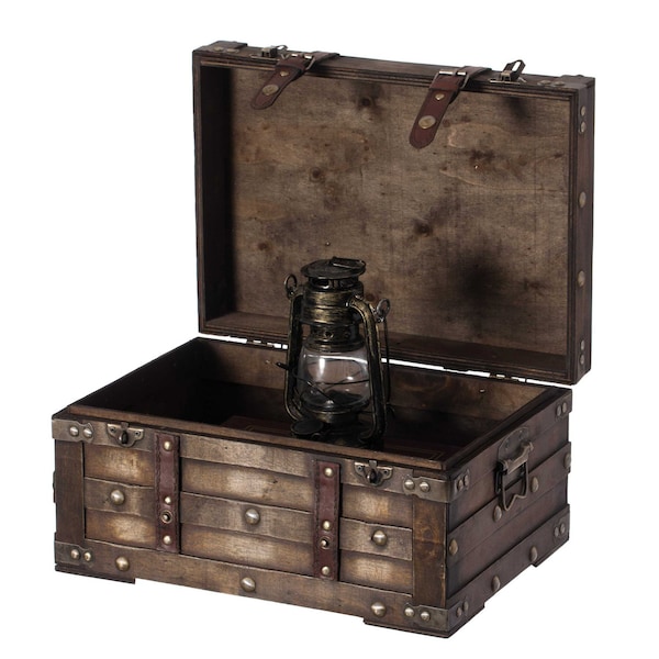 Vintiquewise Wooden Brown Storage Trunk with Faux Leather Straps and Handles, Small - QI004334.S