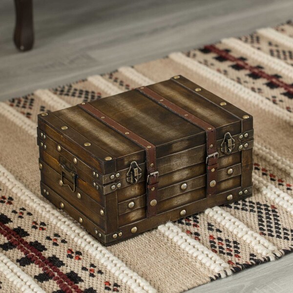 Vintiquewise Wooden Brown Storage Trunk with Faux Leather Straps and Handles, Small - QI004334.S