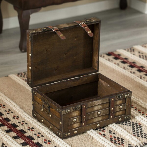 Vintiquewise Wooden Brown Storage Trunk with Faux Leather Straps and Handles, Small - QI004334.S