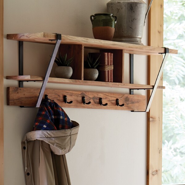 Alaterre Furniture Ryegate Solid Wood with Metal Coat Hooks with Storage, Natural - AWCC2420