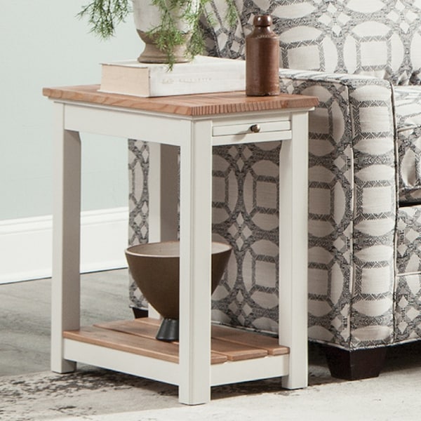 Alaterre Furniture Savannah Chairside End Table with Pull-out Shelf, Ivory with Natural Wood Top - ASVA13IVW