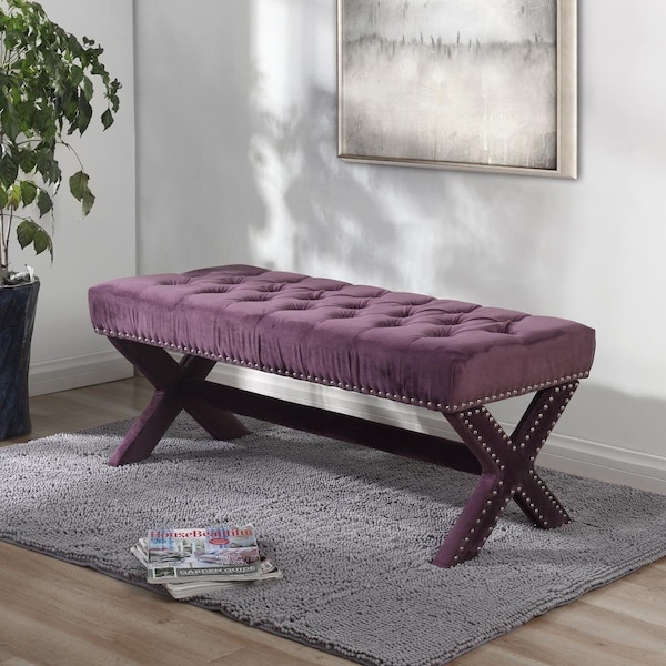 Posh Living Kennedy Velvet Button Tufted Silver Nailhead Trim X-Leg Bench - Plum - BH06-02PM-UE