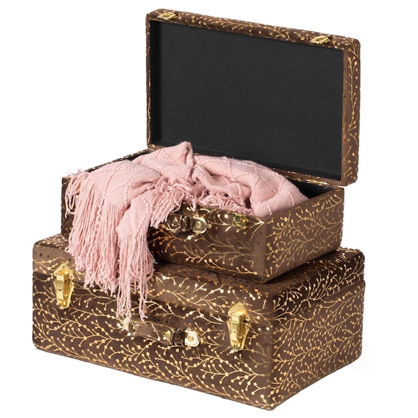 Vintiquewise Decorative Tufted Velvet Suitcase Treasure Chest, Brown, PK 2 - QI003981_BN