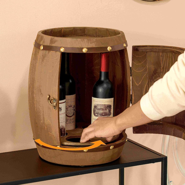 Vintiquewise Vintage Wooden Barrel Shaped Wine Holder with a rotating turntable - QI004652