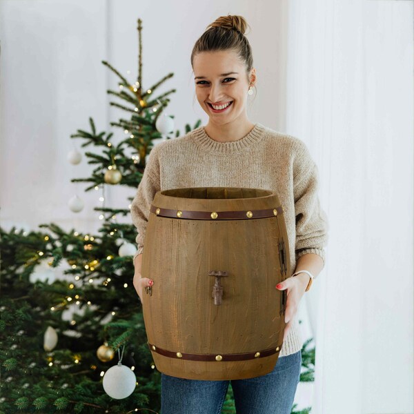 Vintiquewise Vintage Wooden Barrel Shaped Wine Holder with a rotating turntable - QI004652